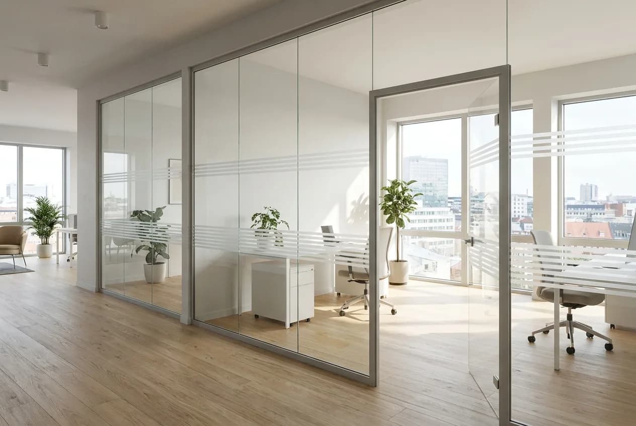 Glasdekorfolie als Durchlaufschutz und Sichtschutz auf einer Glastür im Büro