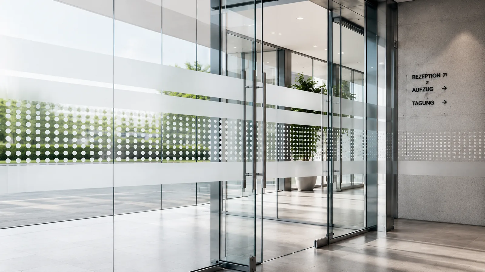 Glasdekorfolie als Durchlaufschutz und Sichtschutz auf einer Glastür im Büro